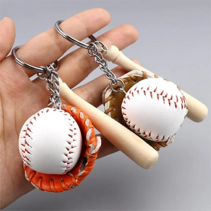 Keychains Mini Three-Piece Baseball Glove Wood Bat Keychain Sports Car Key Chain Ring Gift For Man Women Men 11cm 1 Piece265s