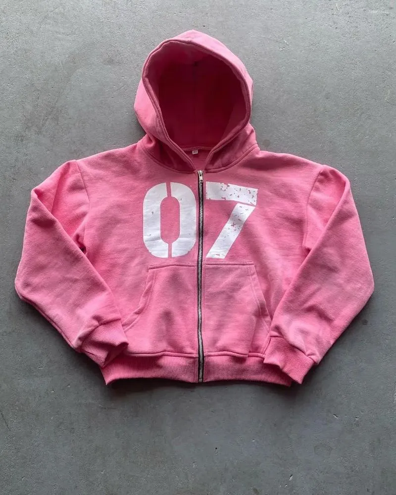 Women's Hoodies Harajuku Pink Grunge Oversized Sweatshirt Zip Up Hoodie Men Goth Y2k Tops Streetwear Clothes