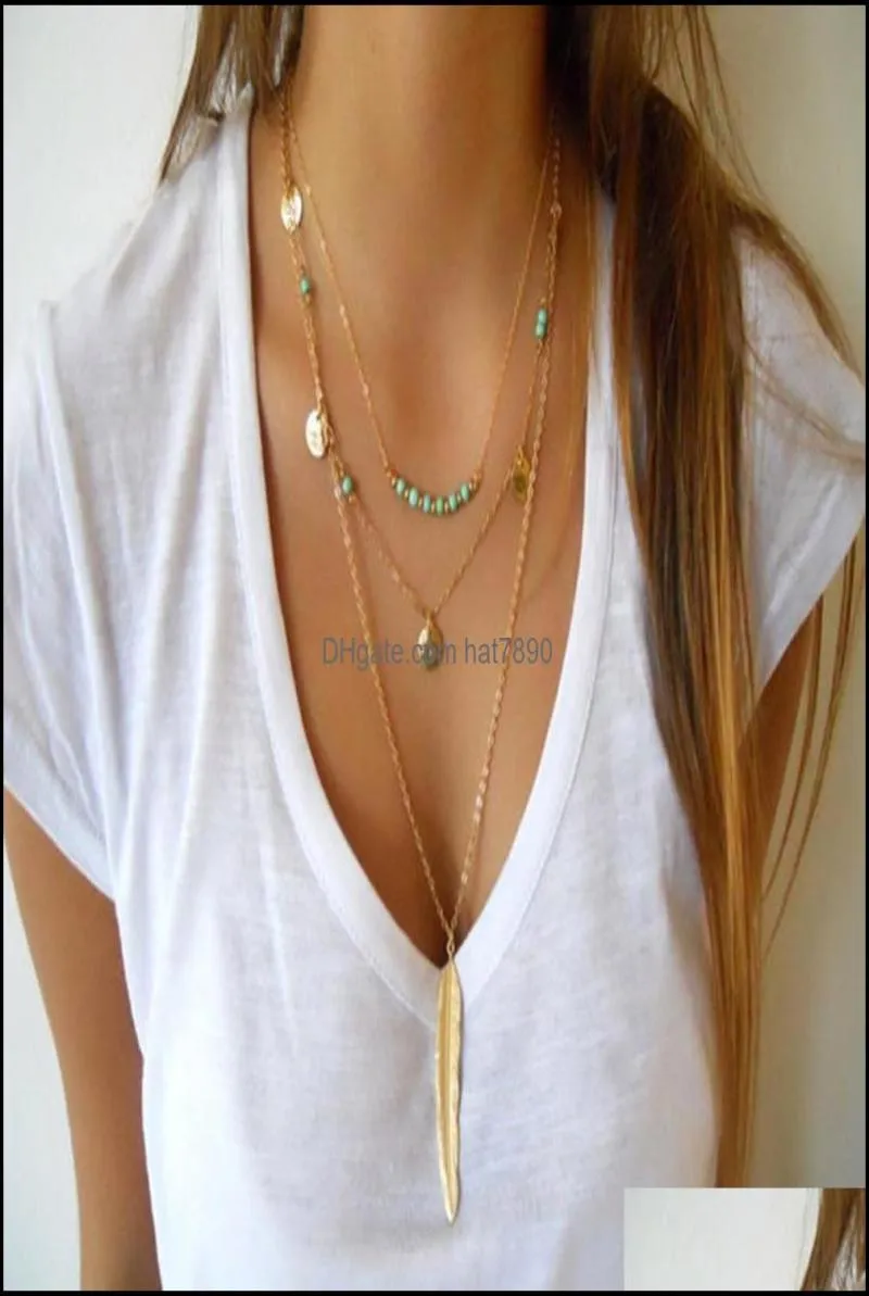 Pendant Necklaces Pendants Jewelry Boho Long Tassels Bead Necklace Mti Layer Feather Chains For Women 86686 Drop Delivery 20218340520