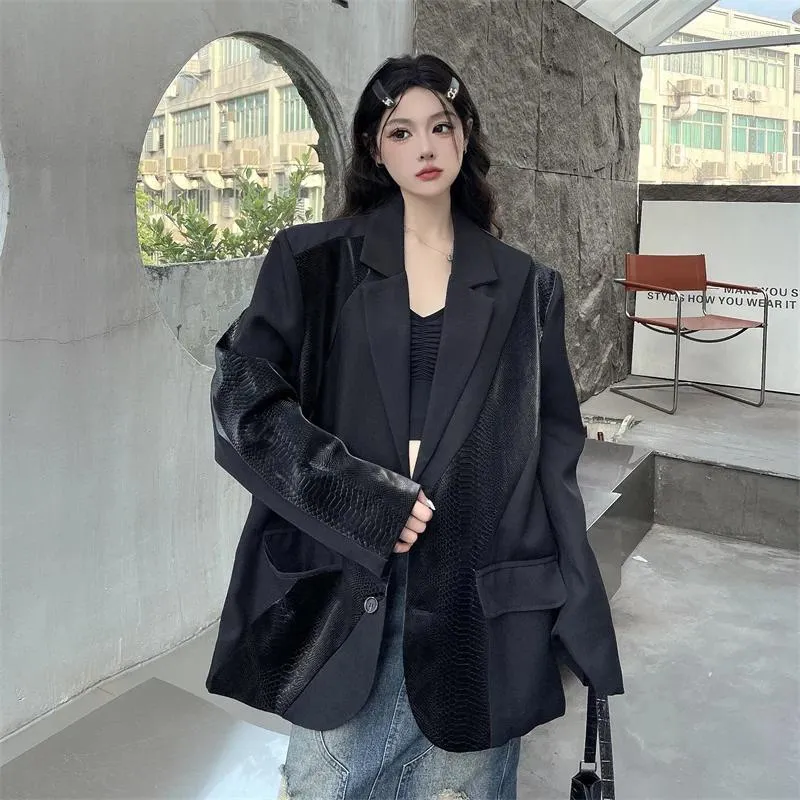 Women's Suits 100kg Fat Mm Crocodile Skin Stitching Style Suit Jacket Spring And Autumn Plus Size Office Lady Loose Blazer Top