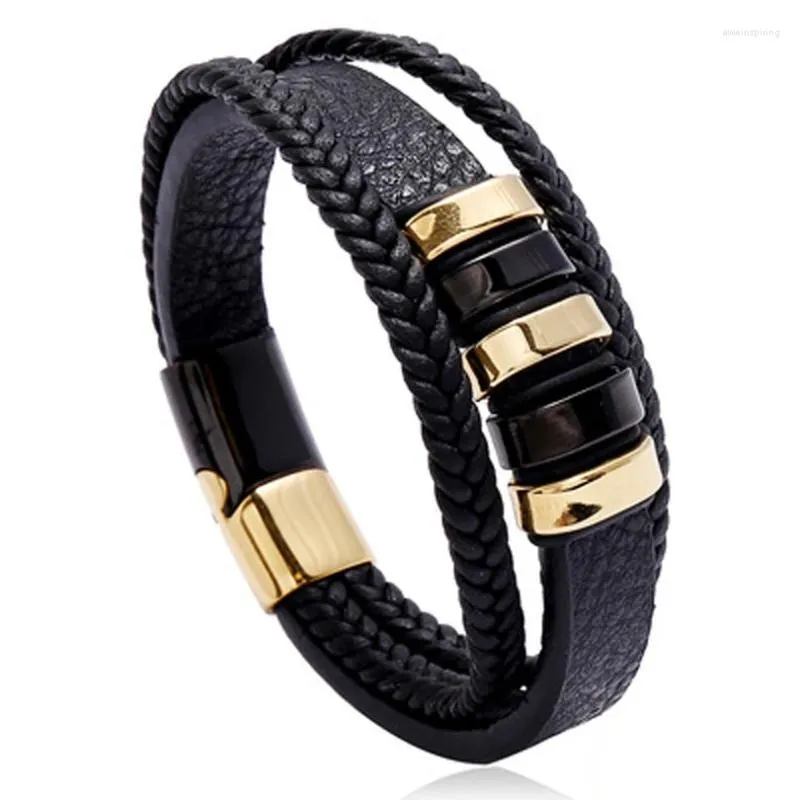 Bracelets de charme européen et américain créatif bicolore en acier inoxydable boucle magnétique bracelet en cuir pour hommes étudiant simple