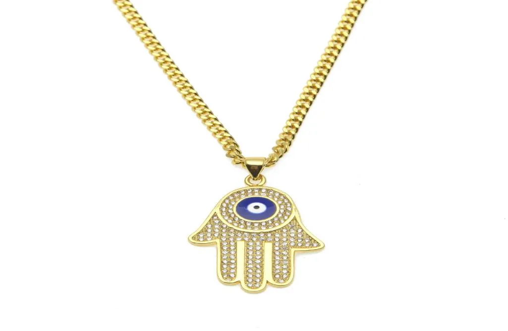 New Blue Evil Eye pendant necklaces Hamsa Hand of Fatima Charm Long Cuban chains For womenmen Hip Hop Fashion Jewelry2229242