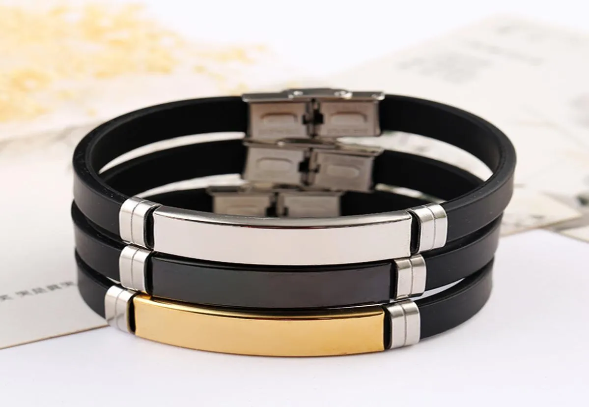 Bracciale in silicone con targhette identificative in acciaio inossidabile per incisione Bracciale in argento color oro nero con piastra metallica intero 10 pezzi C10055905395