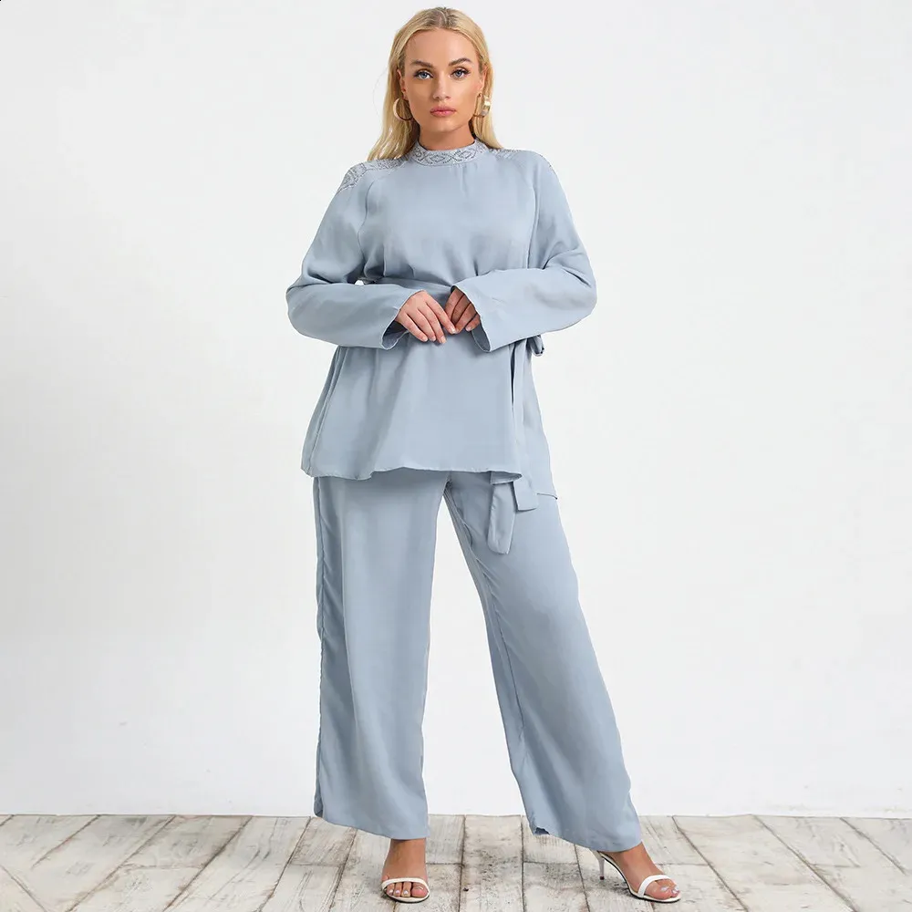 2 Piece Set Casual Plus Size Women Clothing Linen Pant Suits Fashion Blue Elegant Long Sleeve Wide-legged Pants Two Piece Outfit