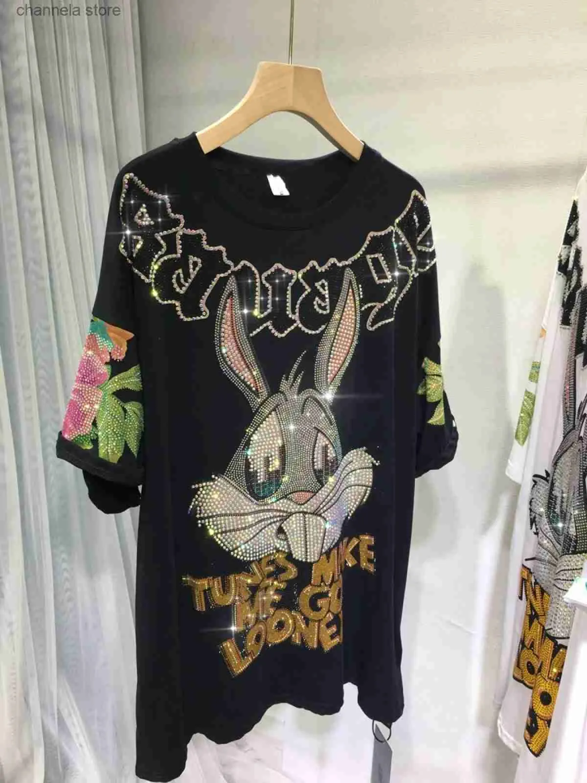 T-shirt femme Luxe strass lapin T-shirts grande taille pour femmes été coupe ample à manches courtes femmes T-shirt grande taille mignon Grunge vêtements T240218