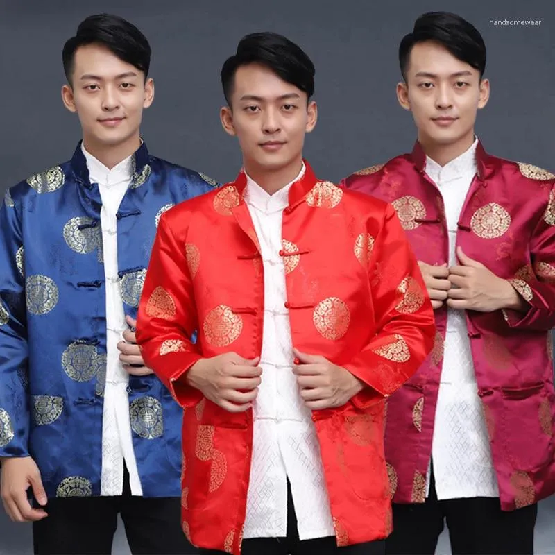 Herrjackor tang kostym skjorta kinesisk traditionell retro långärmad hanfu år kläder födelsedagsfest