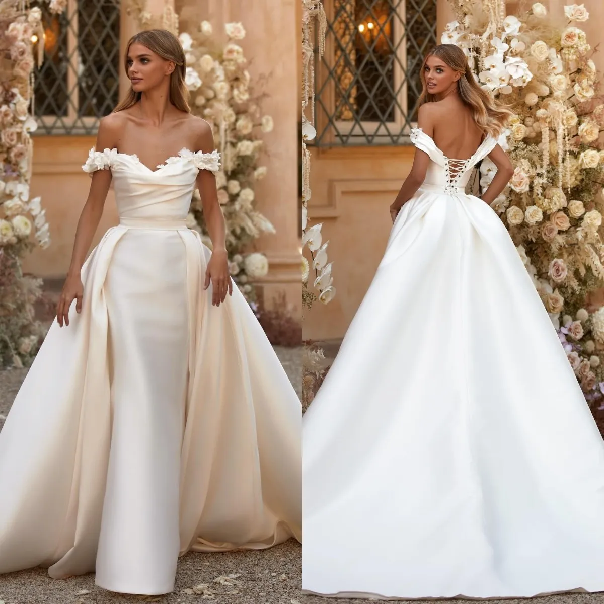 Milla Nova boho Mermaid Wedding Dresses with detachable overskirt satin appliques off shoulder Wedding Dress Lace Up Backless Sweep Train wedding bridal gowns