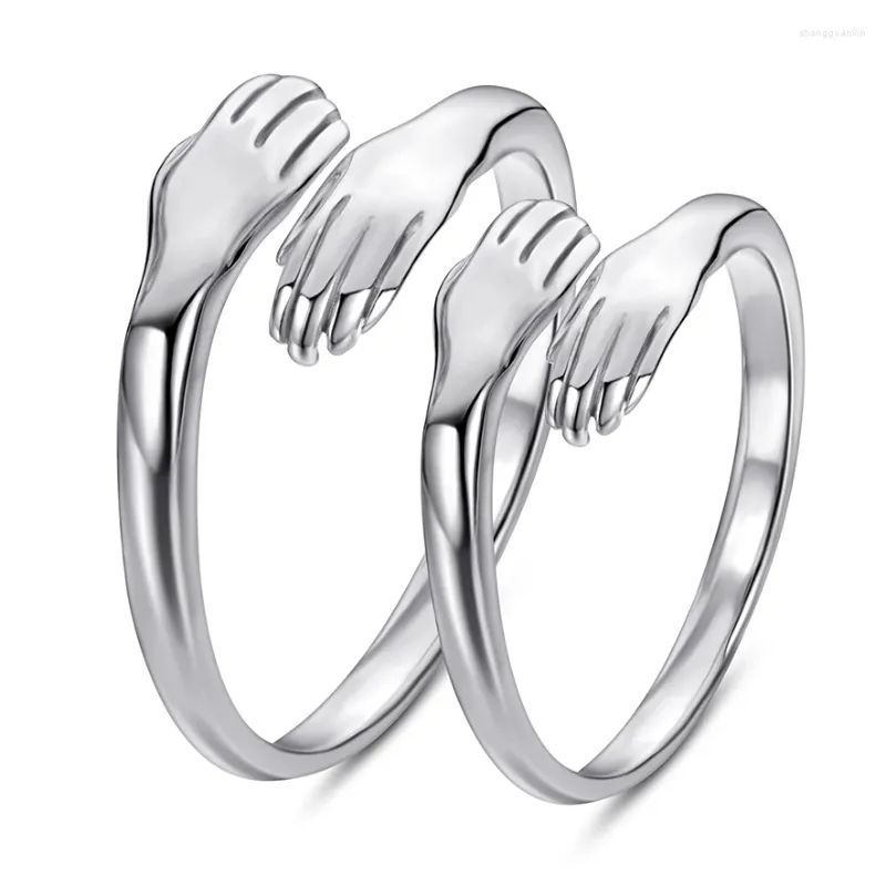 Bagues de cluster 925 bijoux en argent sterling sculpté couple cadeau réglable mains ouvertes embrasser bague dames en gros