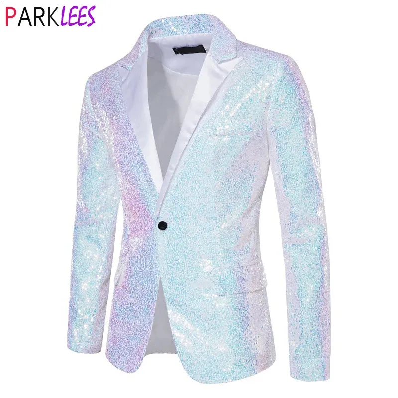 Blazer à paillettes blanches brillantes pour hommes, veste de smoking à col à un bouton pour hommes, Costume de fête de marié de mariage, de scène de bal, 240125