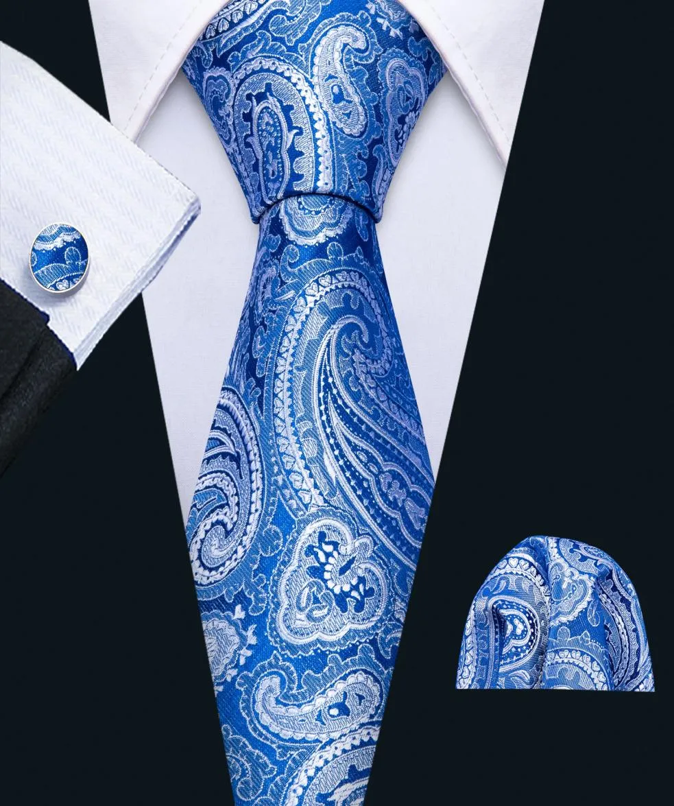 Fast Men039s Seidenkrawatten-Set, modisch, blau, Paisleymuster, ganz klassisch, gewebte Krawatte, Einstecktuch, Manschettenknöpfe, Hochzeit, Busines5310558