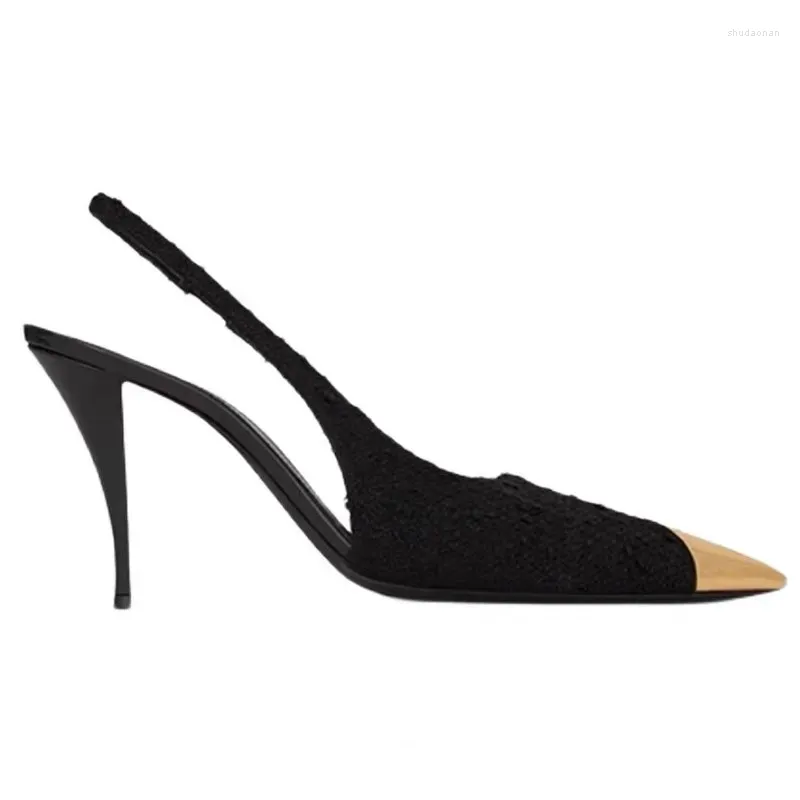 Sandaler Metal Pointed Head Stiletto häl Kvinnor Pumpar Skor Patent Läder Sandalias de Mujer Verano Bröllopsull Tyg Tacones