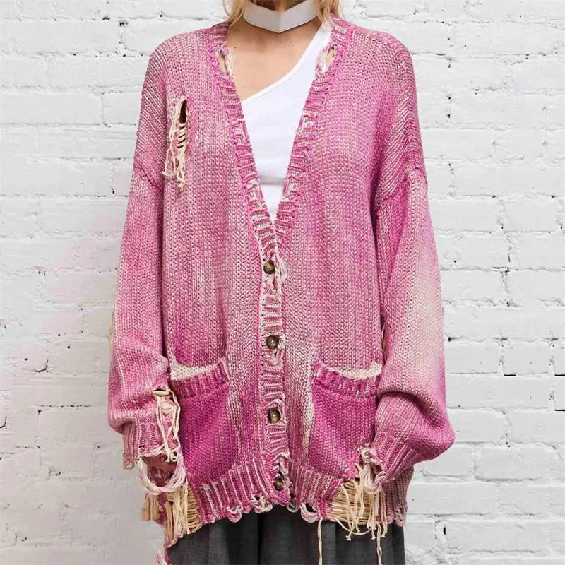 Kvinnors stickor Ströja Kvinnor 2024 Spring Tie Dyed Broken Hole Sticked Cardigan High Quality Pure Cotton Långärmad Top Crop Knit Y2K Coat