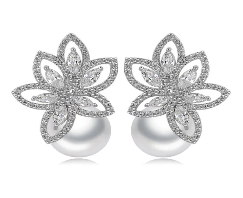 Brincos de gota de flor de pérola com zircônia branca brilhante, joias finas de casamento, brincos pendurados para mulheres, meninas, presente 6654312