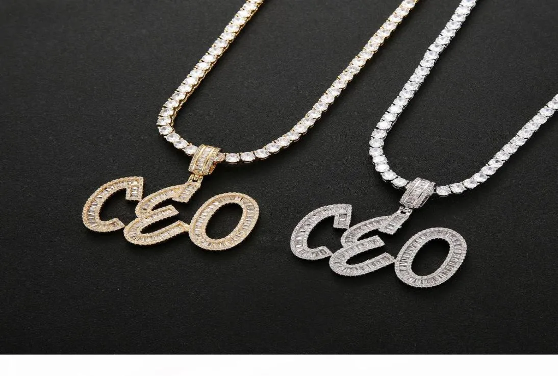 Hip Hop Custom Name Baguette Letters Pendant Necklace With Rope Chain Gold Silver Bling Zirconia Men Pendant Jewelry3907697