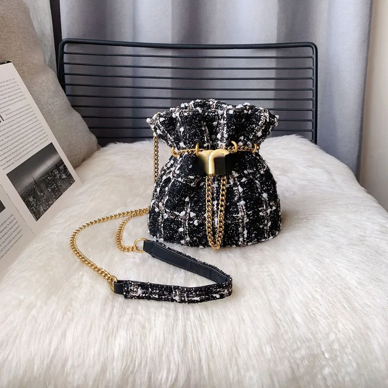 Bolsa feminina designer mini bolsa fortuna preto e rosa bolsa balde diamante treliça bolsa de corrente