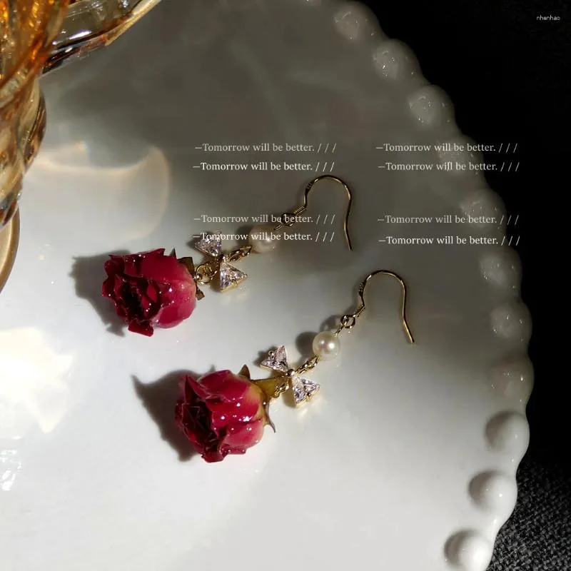 Kolczyki Dangle Natural Rose Flower Carring Fashion Immortal Biżuteria żywica epoksydowa Epoksydowa cyrkon prawdziwy dla kobiet 2024