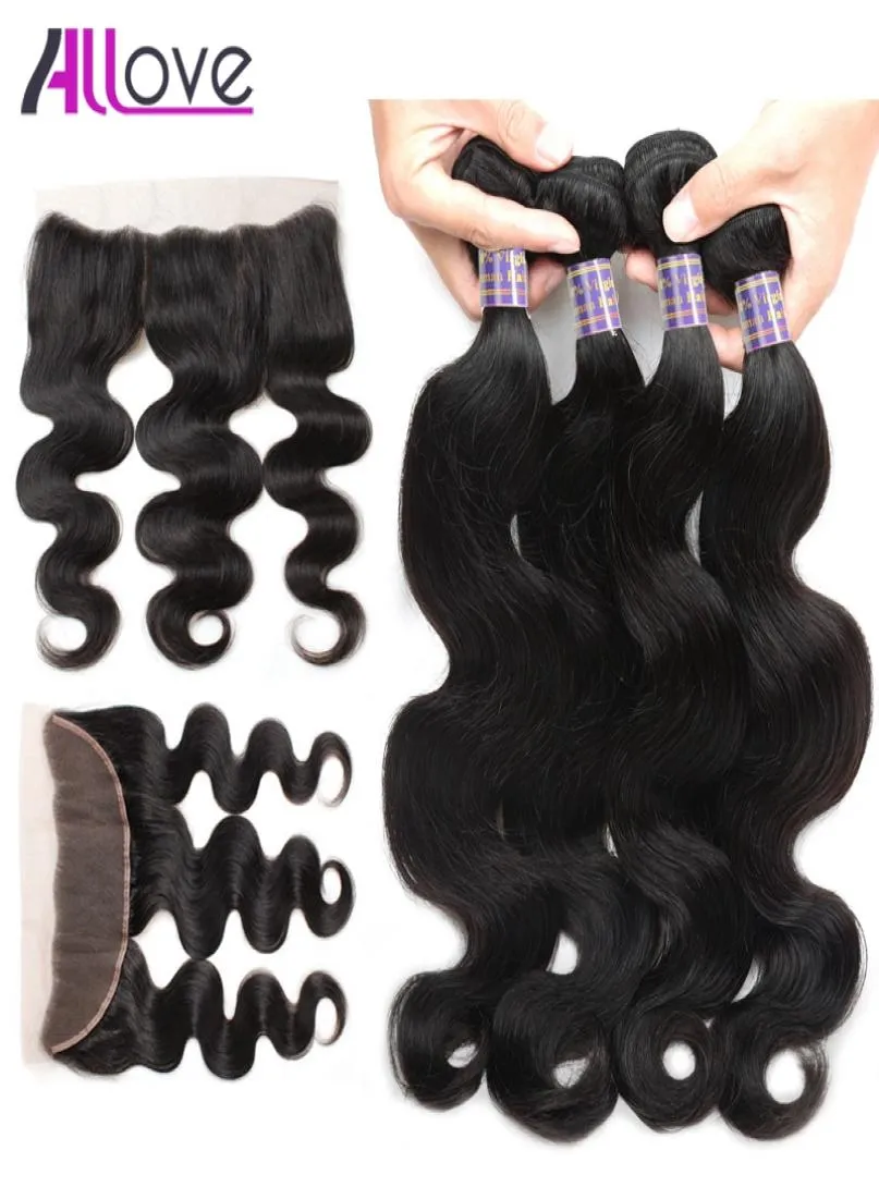 Allove Whole Wefts Extensions 8A brasilianische Körperwelle mit 13 x 4 Spitzenfrontverschluss 4 Stück reines Menschenhaar Bundles Weaves für 5915865