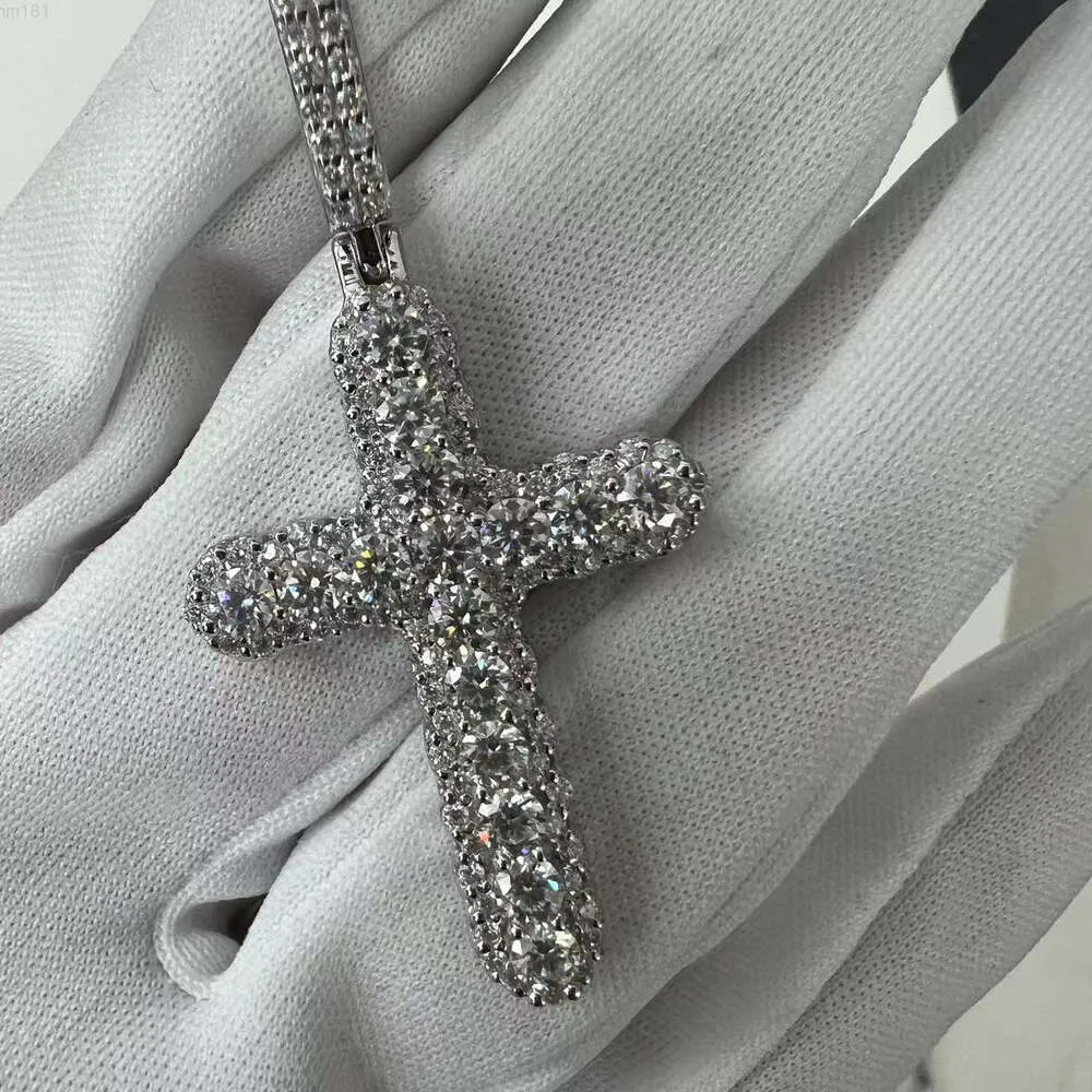 Groothandel luxe Vvs Moissanite diamanten tennisketting met kruisketting verzilverde sieradenketting