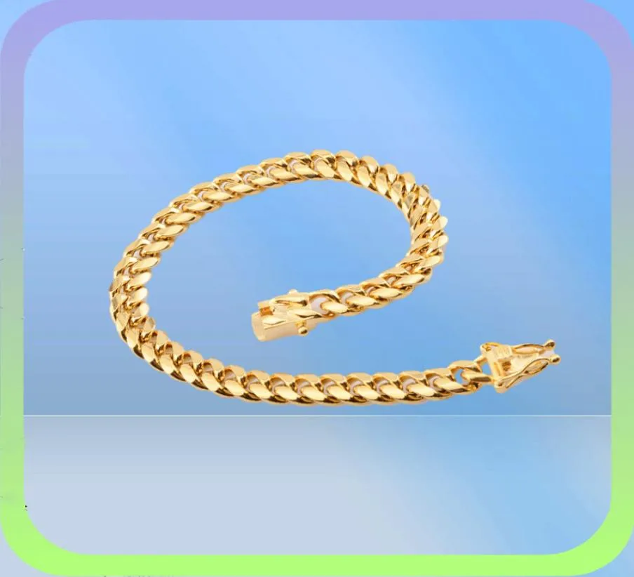 8mm Hip hop Mens Chain Miami Curb Cuban Necklaces Bracelets 316L Stainless Steel Hip Hop Golden Curb Men Boy Jewelry sets3666393