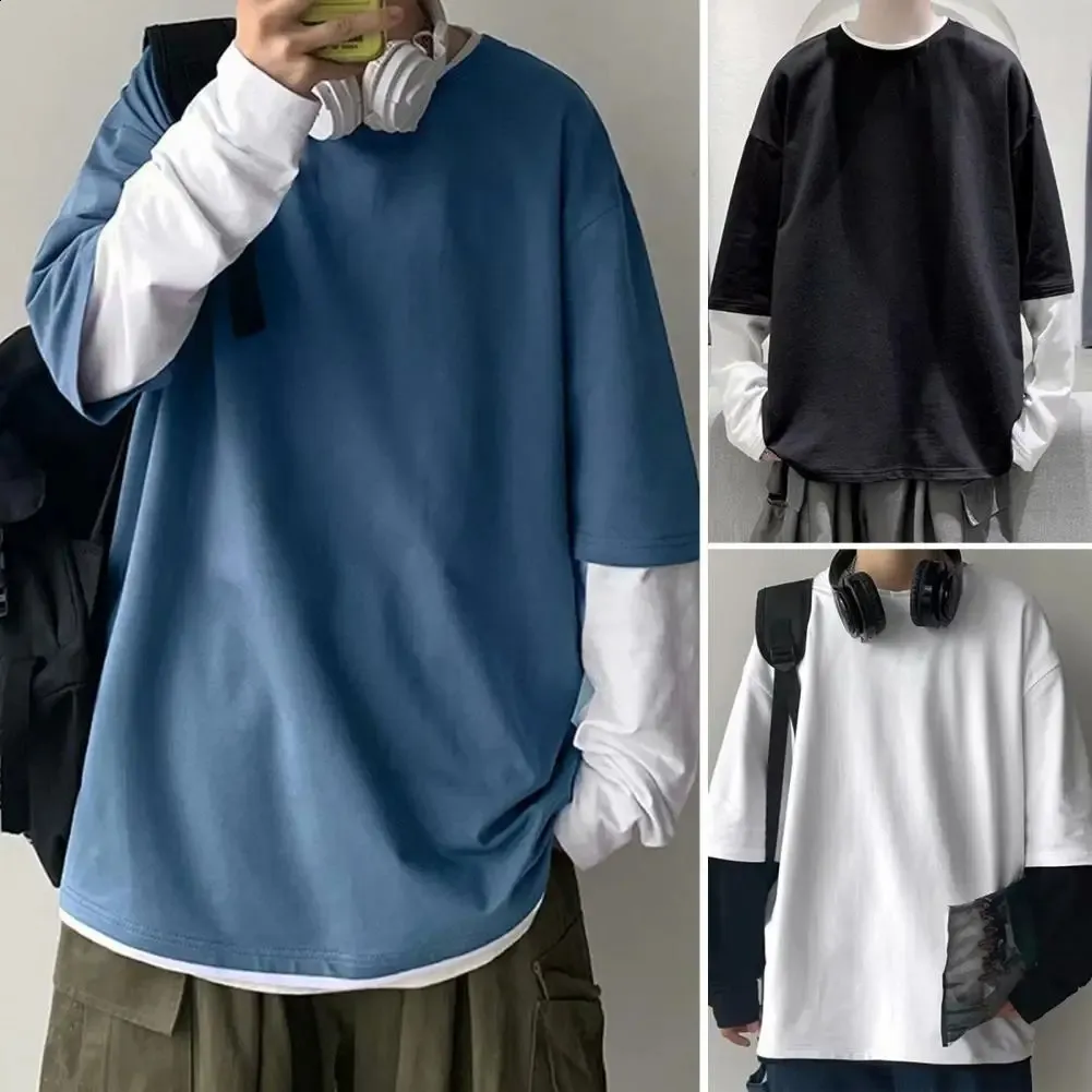 Män tshirt falska två stycken långa ärmar toppkontrast färg o nacke tröja varm avslappnad mjuk hiphop för skolan 240130