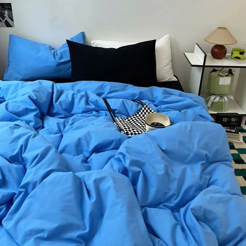 Kore tarzı erkekler için mavi yataklar ve kızlar için çift büyük aşağı yorgan kapağı düz yataklar ile yastık kamışları 240218