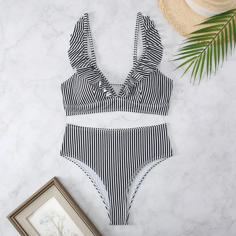 ARXIPA Sexy Bikinis Two Piece Swimsuit for Women Ruffle High Waist Bathing Suit Padded Push Up Beachwear Brazilian Striped Print Deep V Neck Crop Top Plunge