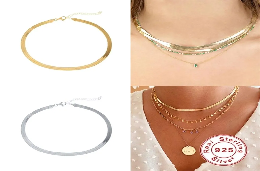 Aide 925 Sterling Silver Choker Halsband Kvinnliga kedjekedjan Flat halsband för kvinnor Fina smycken Söta tillbehör Gåva 2106215898687