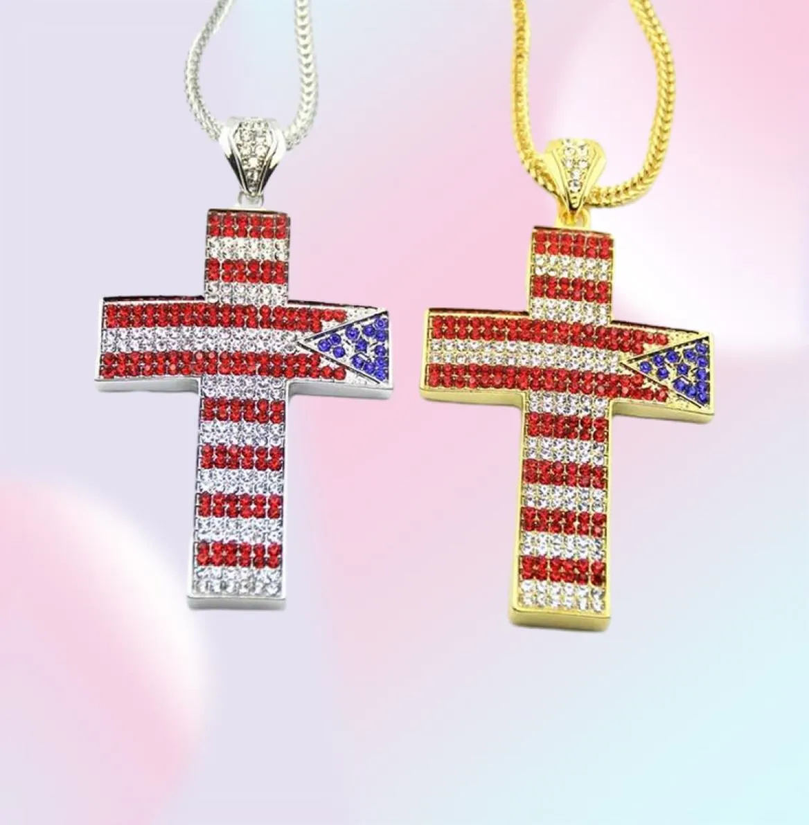 hiphop de Stars and Stripes kruis diamanten hanger kettingen voor mannen Religieuze luxe ketting RVS Cubaanse ketting 7058535