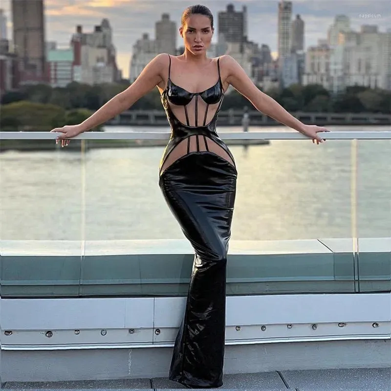 Casual Dresses Women Sexy Party Club Mesh Pu Leather Bodycon Sheer Black Long Dress 2024 Sommarkläder grossistföremål för företag