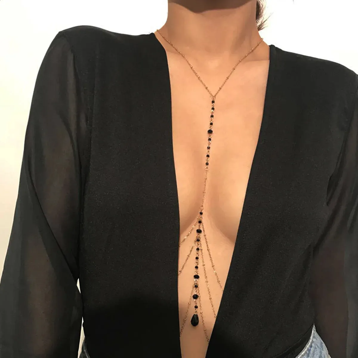 Bohemian Black Beads Chain Necklace Belly Body Body Metal Mashion Sexy Multilayer Body Chain Jewelry for Women Beach Party 240127