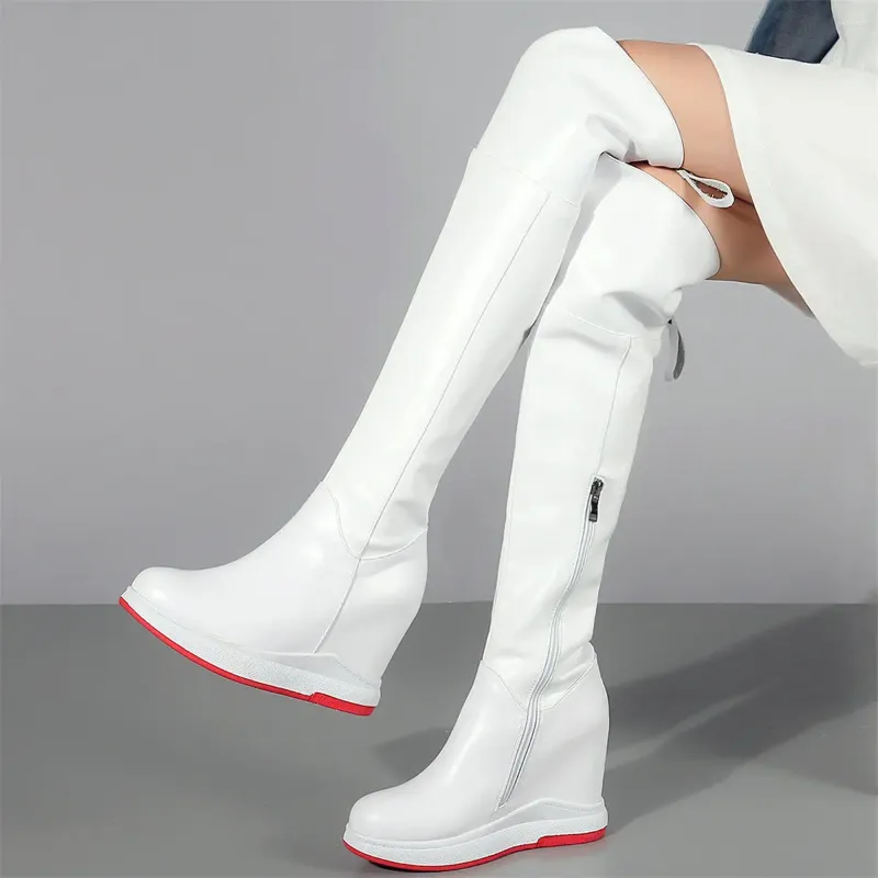 Robe chaussures 2024 compensées bottes de neige femmes en cuir véritable plate-forme à talons hauts pompes femme bout rond cuisse mode baskets décontractées