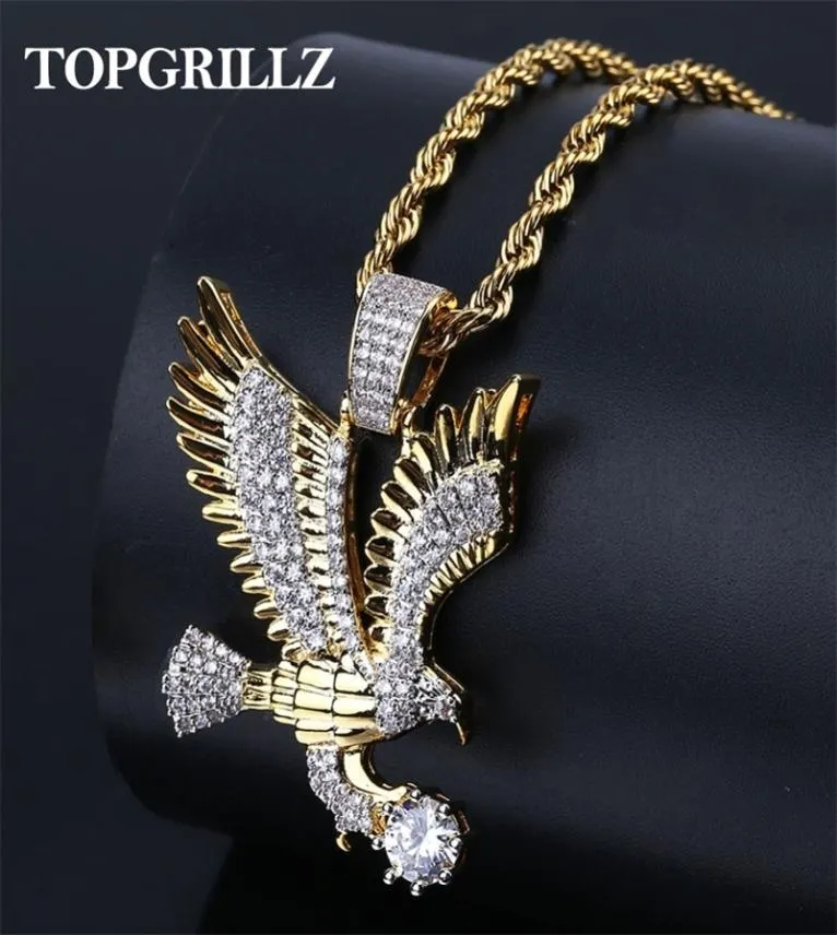 TOPGRILLZ Hip Hop chapado en oro cobre helado Micro pavimentado CZ águila colgante collar hombres encanto joyería tres cadenas de estilo Y209641812