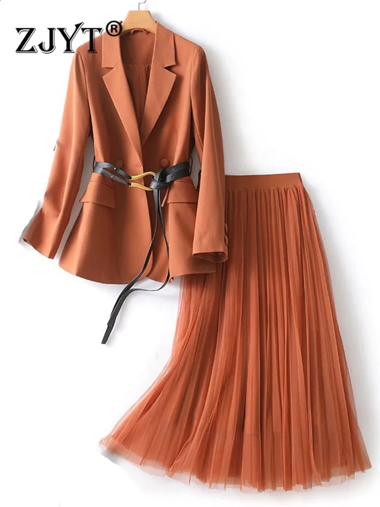 ZJYT Office Lady Blazer Suits Skirts Two Piece Dress Sets for Women Elegant Outfit Spring Fashion Conjuntos De Vestidos Orange 240202