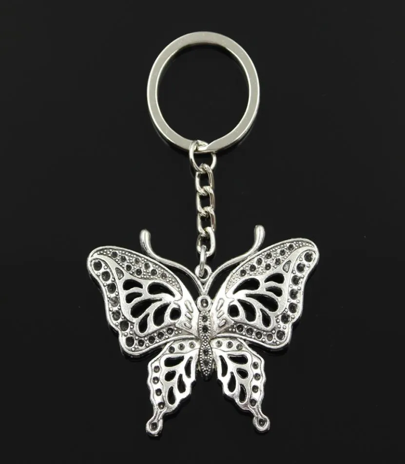 Fashion 30mm Key Ring Metal Key Chain Keychain Jewelry Antique Bronze Silver Color Plated Hollow Butterfly 60x48mm Pendant6801470