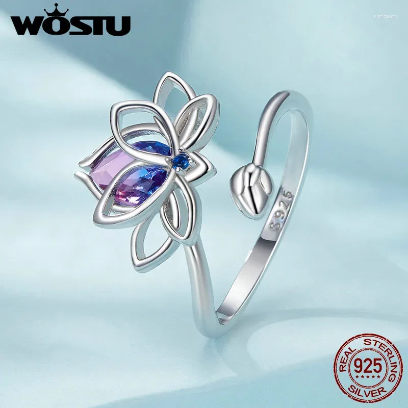 Cluster Rings Wostu 925 Sterling Silver Lotus Flower Ring With Purple Glass For Women Wedding Party Daily Gift Justerbara fina smycken