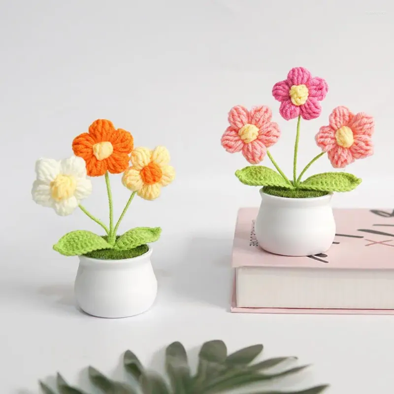 Flores decorativas artesanais de crochê pequenas flores em vaso de plantas elegantes de longa duração fio realista decoração de casa buquê de malha