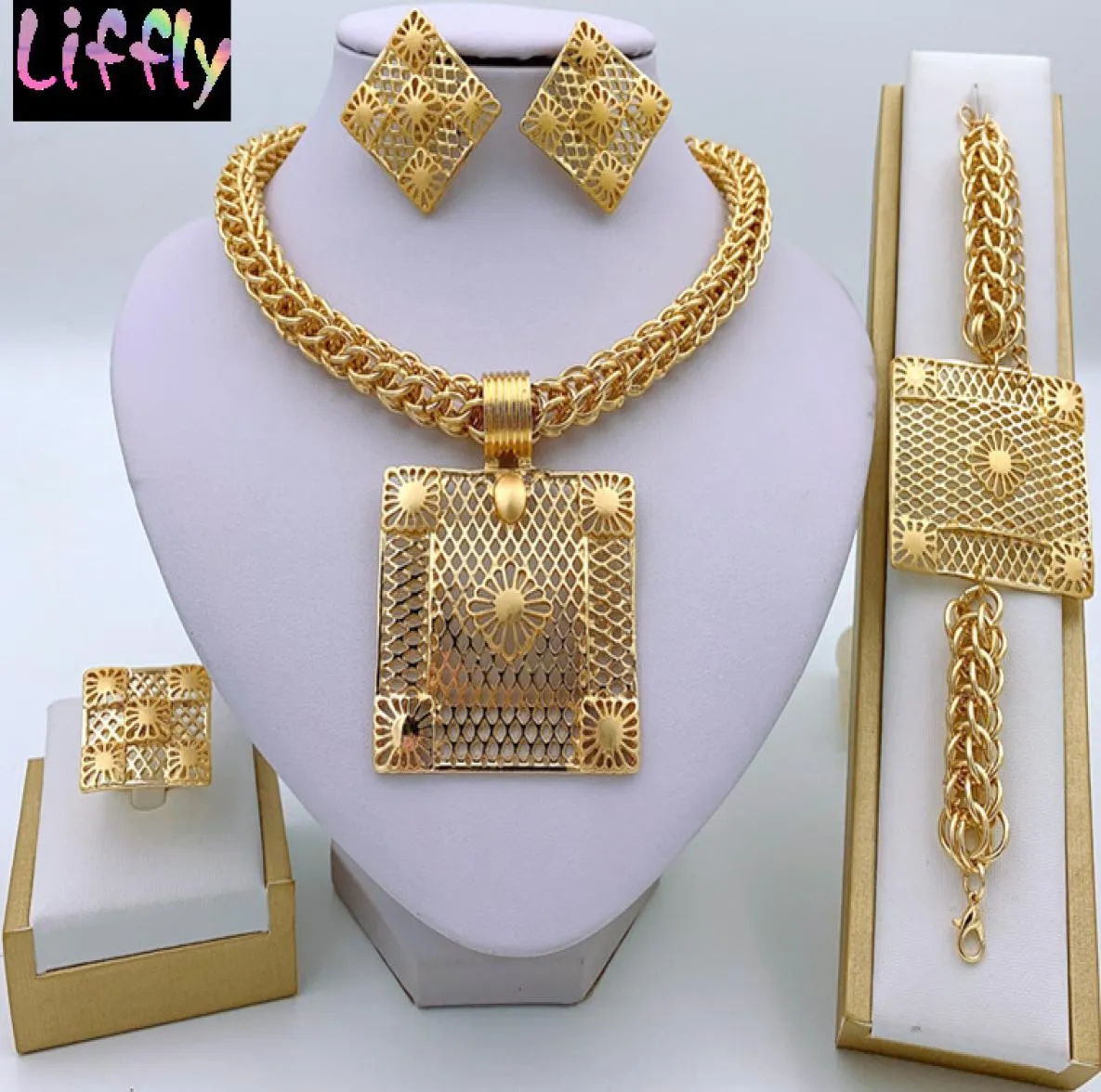 Liffly Dubai Set di gioielli in oro per le donne Grande collana di perline africane Set di gioielli nigeriani Gioielli da sposa da sposa 2011259782372