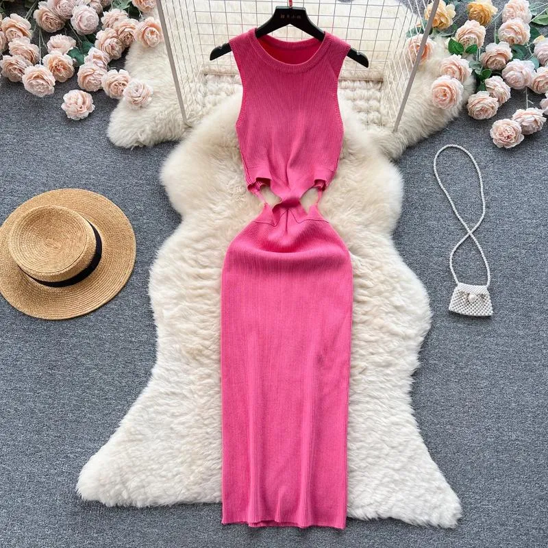 Casual Dresses Clothes For Women 2024 Round Neck Sleeveless Knitted Dress Party Night Club Waist Cut Out Sexy Bodycon