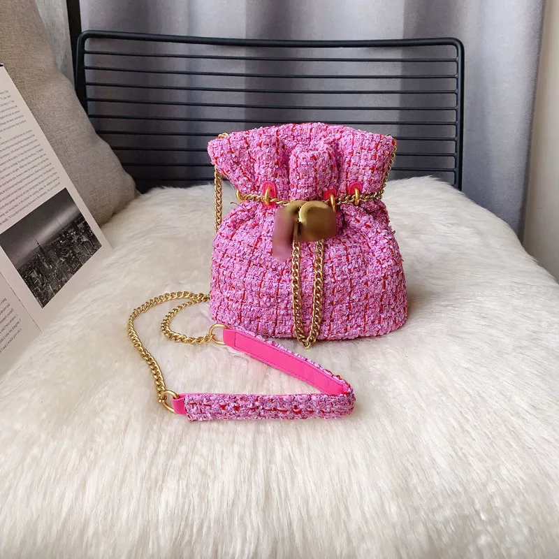 Bolsa feminina designer mini bolsa fortuna preto e rosa bolsa balde diamante treliça bolsa de corrente