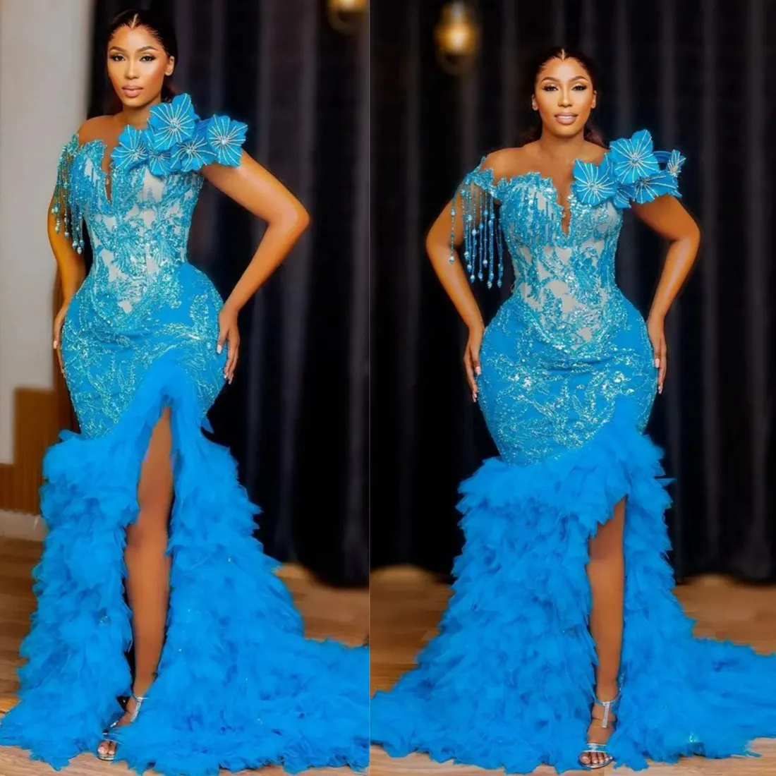 2024 Plus Size Aso Ebi Prom Dresses Asymmetrical Blue Sheer Neck Aftonklänningar Formella klänningar för svarta kvinnor veckade Tulle Birthday Dresses Engagementklänningar NL525