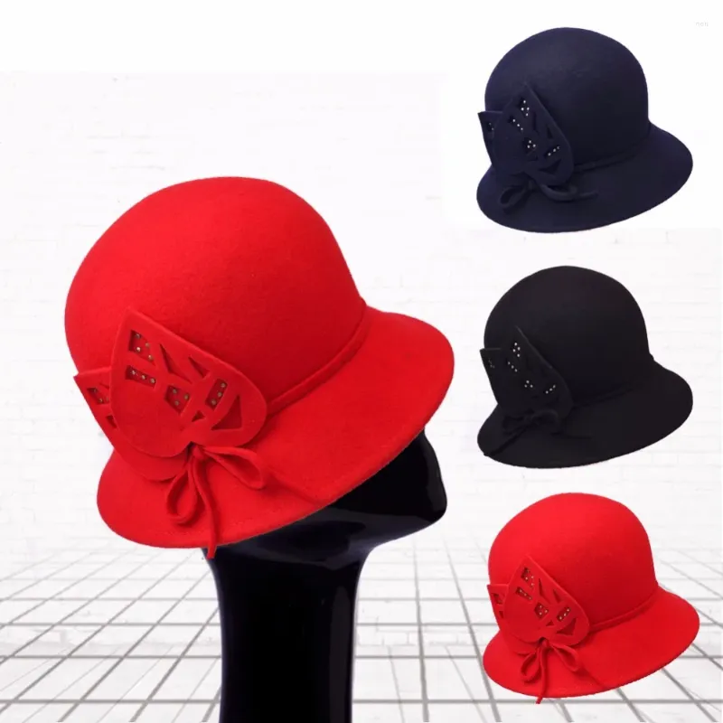 Berets mulheres inverno feltro chapéu cloche com coração guarnição e bowknot cinto strass chapéus para elegante W10-4390