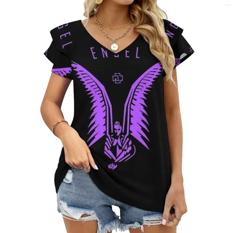 Женские футболки, фиолетовые рубашки с короткими рукавами и рюшами, женские летние футболки с V-образным вырезом, забавные распродажи, распродажа, тренды с логотипом
