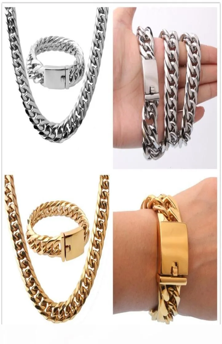 16mm Cool Huge 316L Stainless Steel Silver Gold Tone Cuban Curb Chain Mens Boys Necklace 24quotBracelet Bangle 866quot Jewel8706377