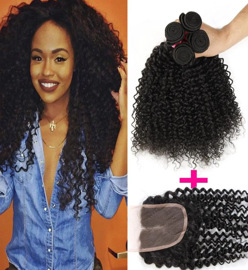 7A Remy Afro kinky Curly Virgin Hair lace closure or middle part with 3 Bundles Brazilian Kinky Curly Human Hair huaman hair 7313504
