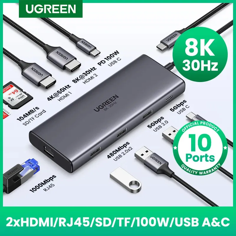 RJ45 USB 3.0 PD 100W MacBook Pro Air M2 M1 USB C Hub 240126을위한 1 개의 스플리터 인 Ugreen 듀얼 USB 허브 8K 어댑터 10