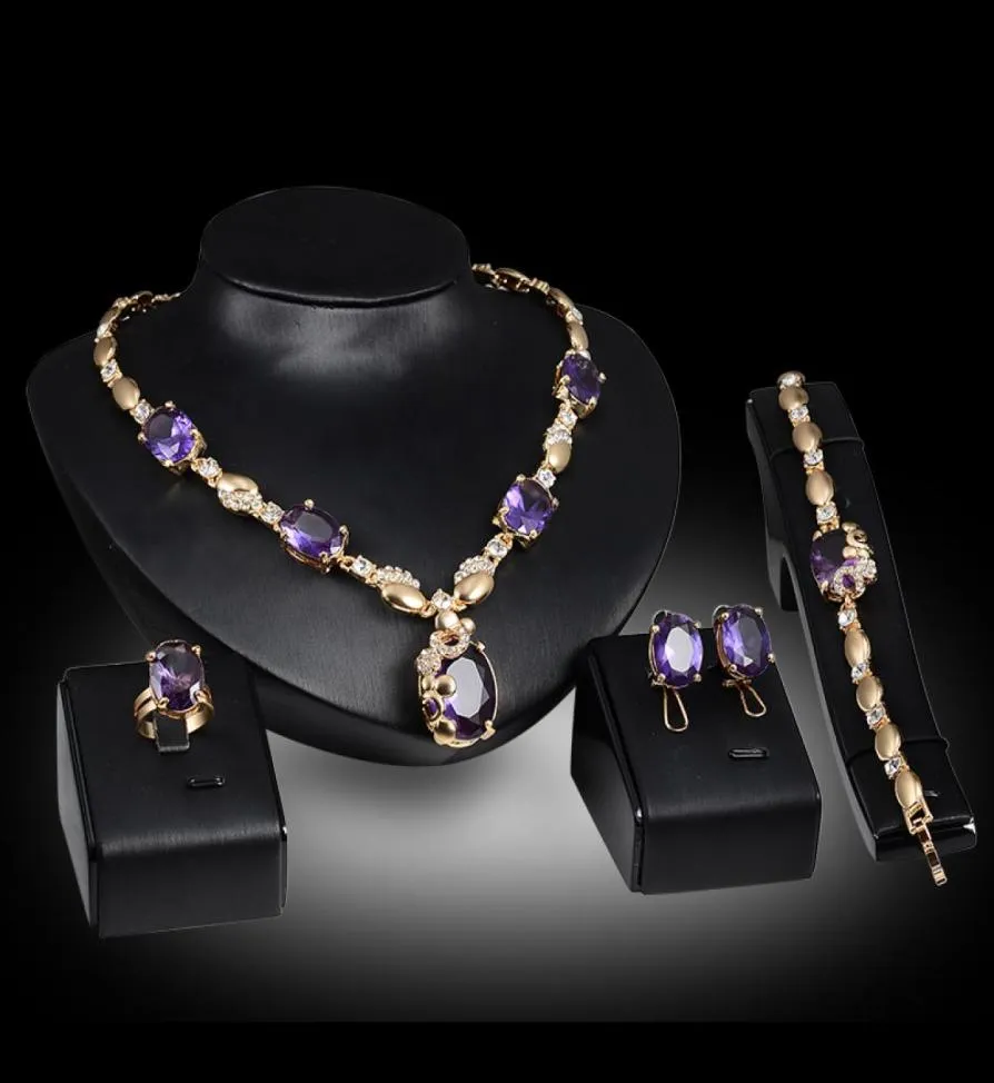 Ringar halsband armband örhängen smycken set mode royal imitation ädelsten 18k guld pläterad fest smycken 4stycke set grossal3250864