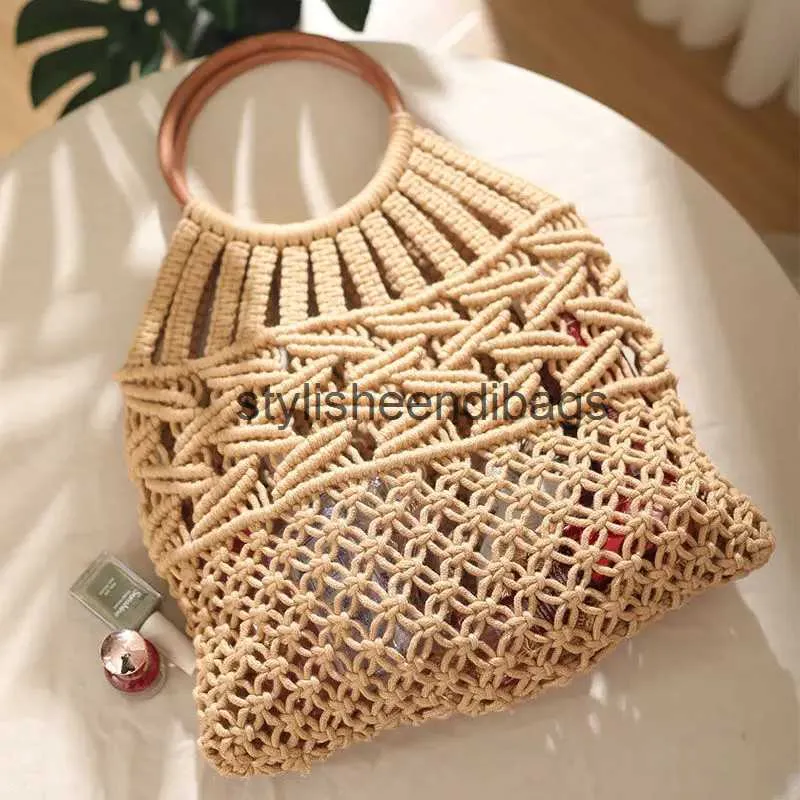 Totes 2023 Sommer Neue Holzgriff Rattan Griff Einfarbig Hohl Handgemachte Baumwolle Seil Gewebt Tasche Strand Urlaub HandtascheH24218