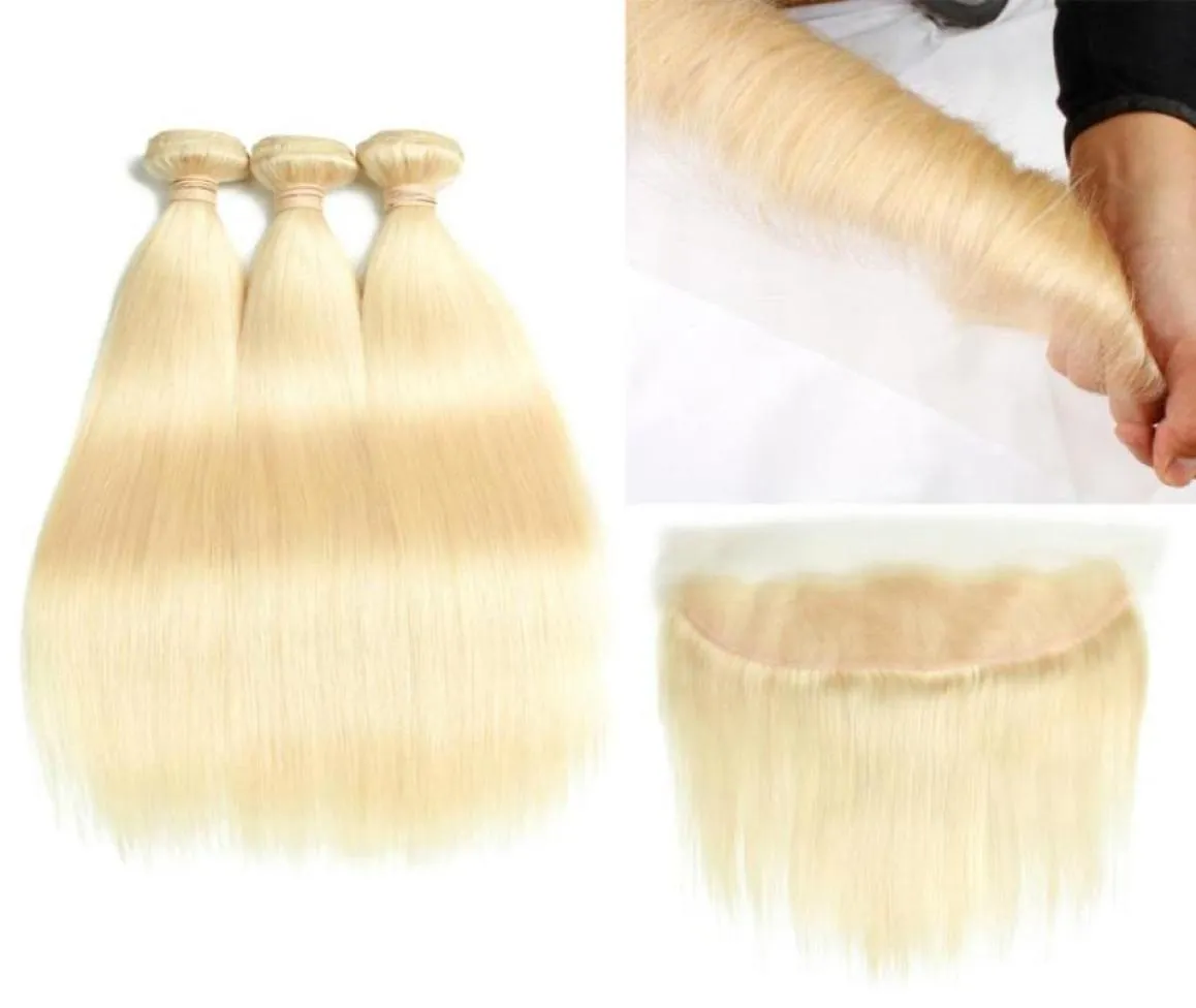 Top Selling 1030 inch Long 613 Blond Human Hair 3 Bundles with Lace Frontal Closure 8A Mink Brazilian Hair Straight Body Wave HC296239062