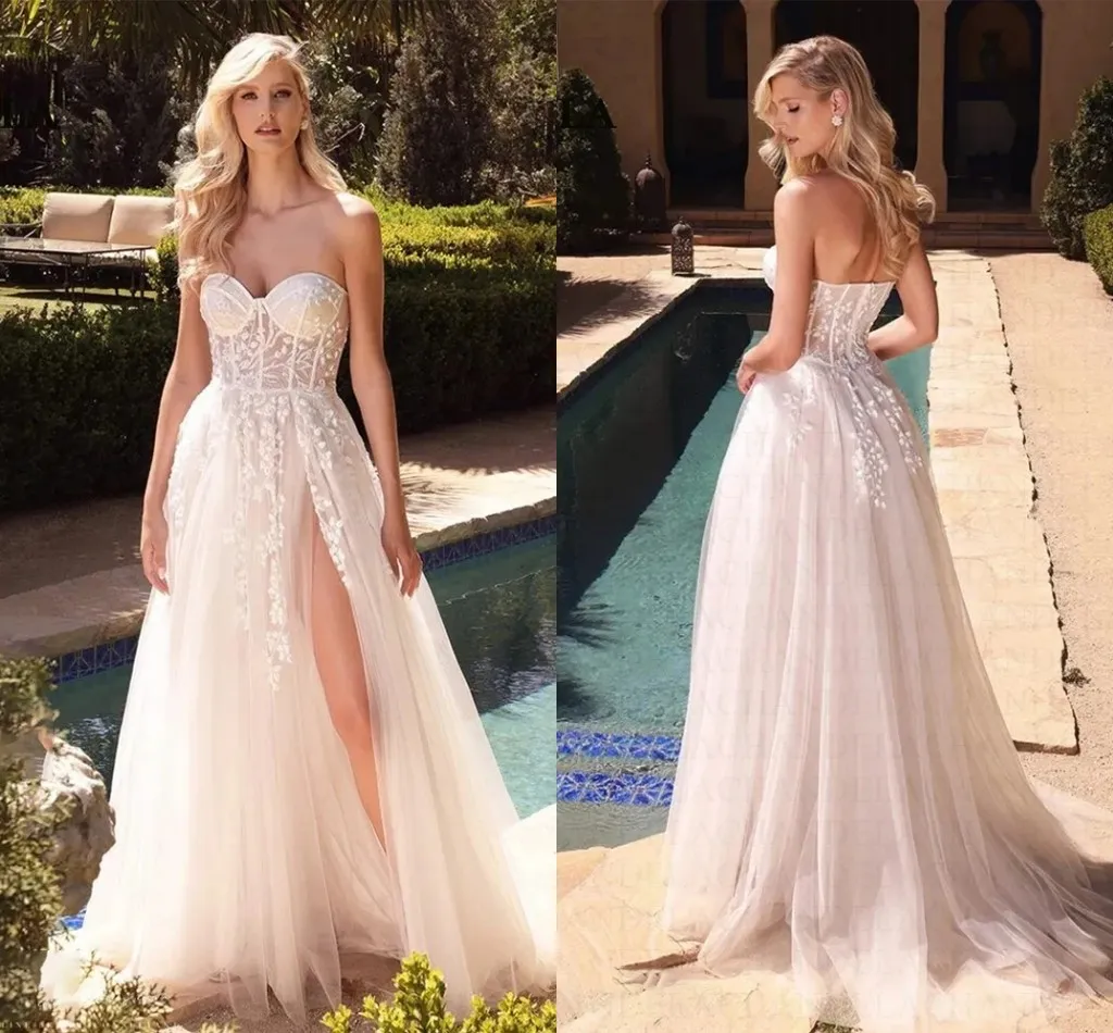 Fairy Tulle A Line Wedding Dresses Floral Lace Appliqued Sexy Sweetheart Bridal Gowns Boho Thigh Split Robes de Mariee Sweep Train Backless Bride Women Dress CL3301