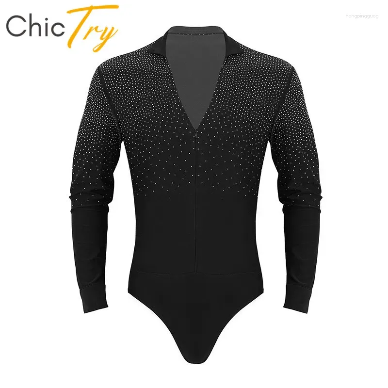 Etapa desgaste chictry adulto brillante diamantes de imitación con cuello en v manga larga ropa de baile salón de baile tango rumba hombres traje de baile latino leotardo camisa body